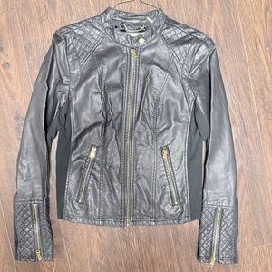 MARC JACOBS NEW YORK FAUX LEATHER BIKER JACKET CROPPED FITTED GOLD ZIPPERS